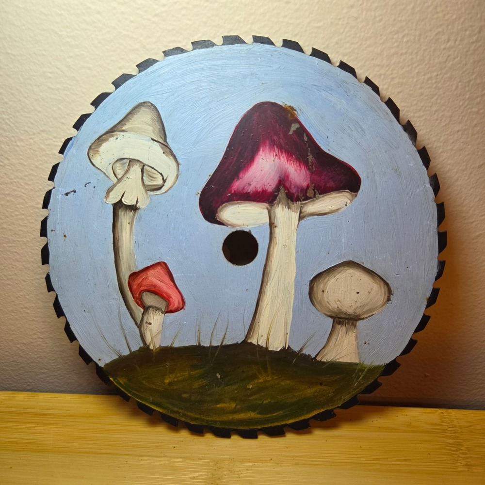 Hand Painted Mushroom Scene Circular Saw Blade Folk Art 7.25 Inch Rustic Decor